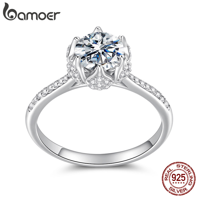 Nhẫn Bạc Bamoer 925 1CT Moissanite Lõi Hoa Trang Sức Thời Trang Quà Tặng Cho Nữ