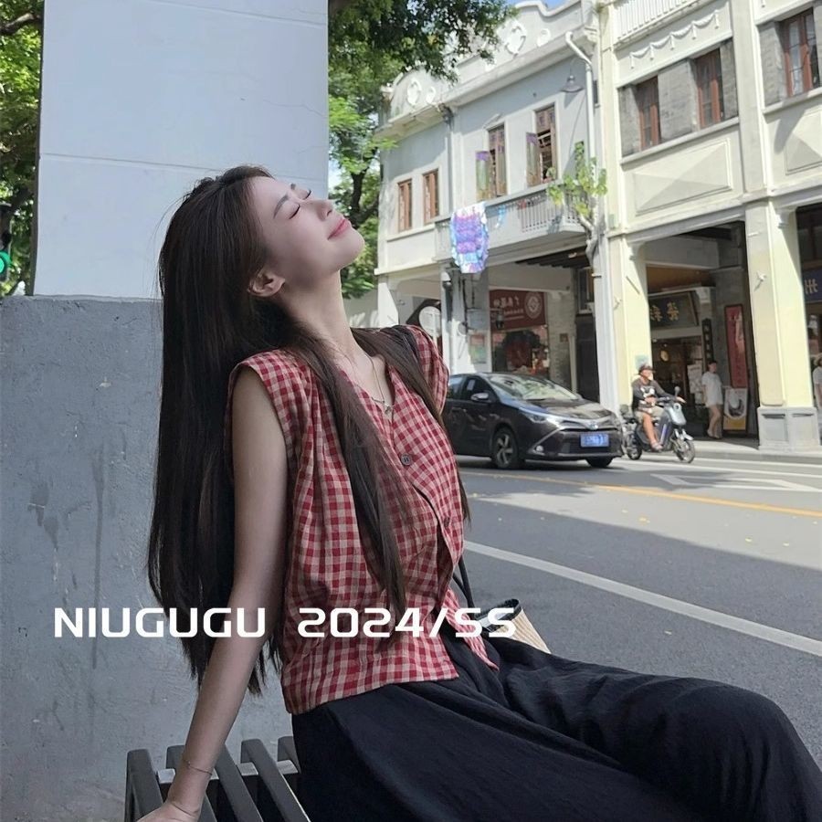 Áo Sơ Mi Không Tay Kẻ Caro Thanh Lịch Mùa Hè Thiết Kế Dáng Ngắn Rộng Rãi Phong Cách | BigBuy360 - bigbuy360.vn