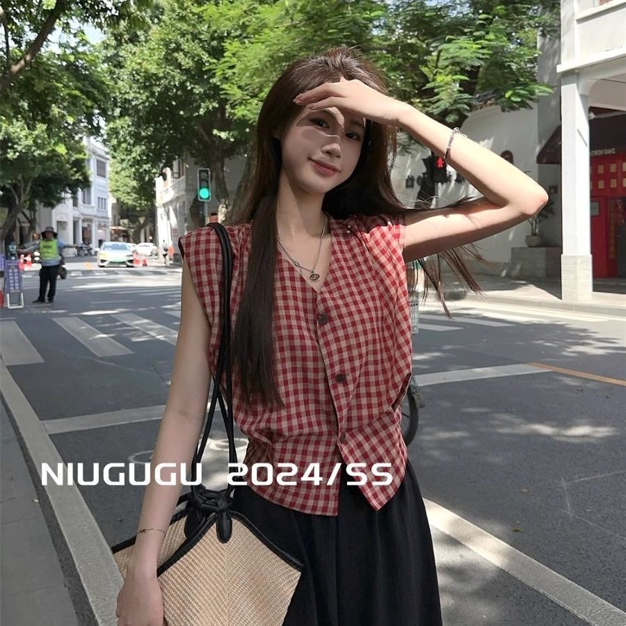 Áo Sơ Mi Không Tay Kẻ Caro Thanh Lịch Mùa Hè Thiết Kế Dáng Ngắn Rộng Rãi Phong Cách