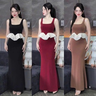 Set áo hai dây bảng to cổ u phối bèo kèm chân váy đuôi cá dáng dài  - Chất thun ladong