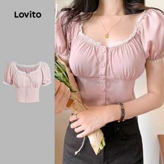 Lovito Áo Cánh Giản Dị Cài Nút Cổ Bèo Nhún Mùa Xuân/hè Màu Hồng Dành Cho Nữ L134ED1091