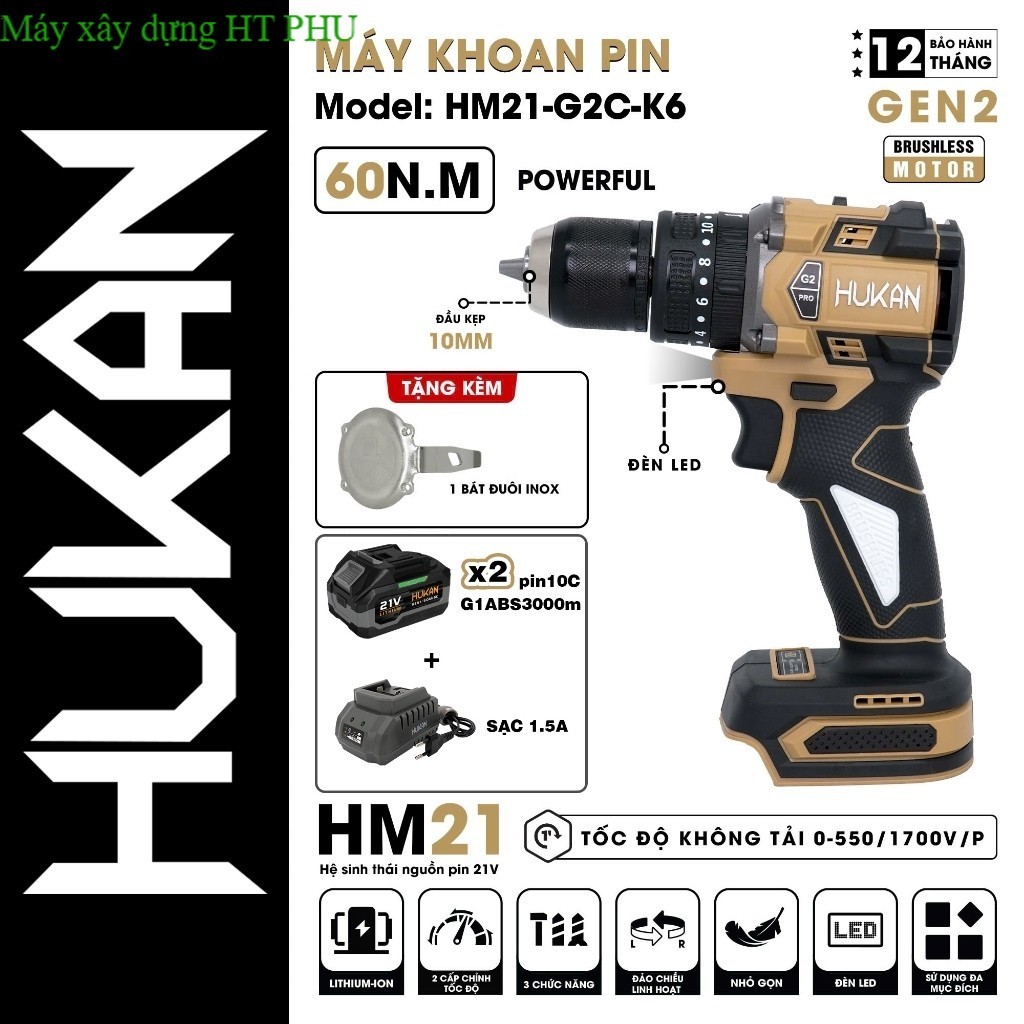 Máy khoan pin HUKAN HM21-G2C-K6, Động cơ Không chổi than, 3 Chức năng. HPT PHU