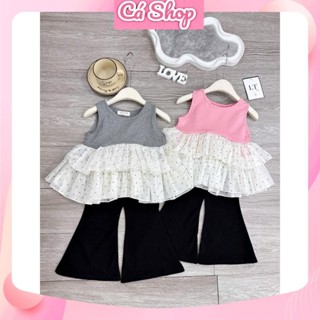 M88, Bộ quần áo bé gái, Set áo babydoll bèo chấm bi quần đen ống loe cho bé gái