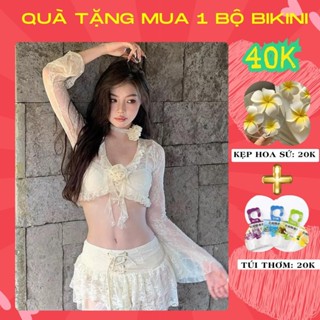Bikini Tiểu Thư Đi Biển Set 4 Chi Tiết Đồ Bơi Nữ Áo Ren Dài Tay Chất Tơ Mềm Tiểu Thư 718 A3
