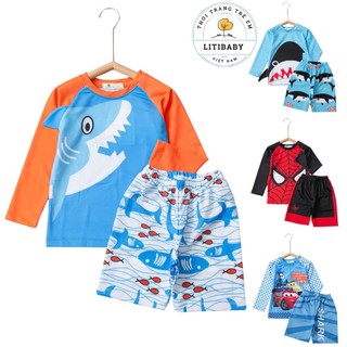 Bộ Bơi Bé Trai LITIBABY Hoạ Tiết Cá Mập/Spider-Man/Cars Vải Bơi Co Giãn Nhanh Khô Chống UV