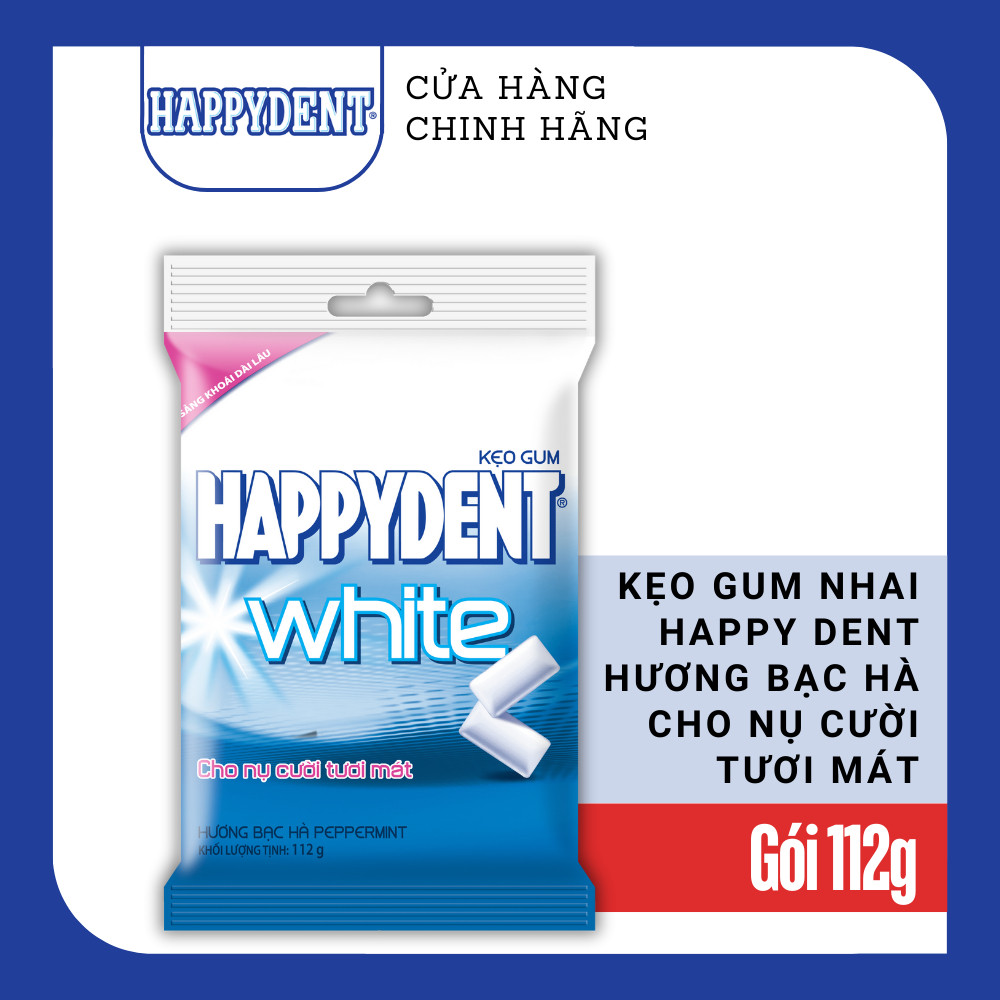 Kẹo cao su (gum) Happy Dent hương Bạc Hà mang đến một nụ cười tươi mới (Gói 112g - 40 viên)