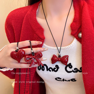 Encore Đỏ Nơ Vòng Cổ Cho Nữ Phong Cách Tối Giản Áo Dây Xích Niche Đa Năng Dây Da Đen Phụ Kiên