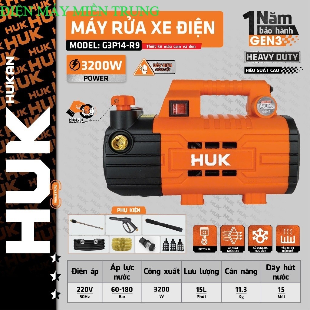 Máy rửa xe chỉnh áp HUKAN G3P14-R9, 3200W, Động cơ không chổi than,  Có ÁT CHỐNG GIẬT Điện Máy MT