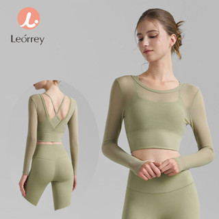 Leorrey-Áo lưới thể thao ngoài trời hở lưng chữ V cố định, tay dài, viền rộng, đệm lót sâu