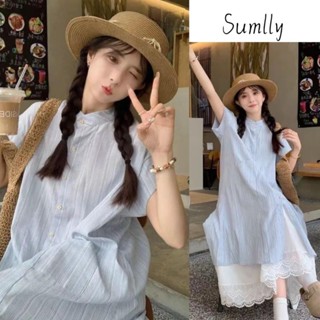 Váy sơ mi sọc xanh tay ngắn mùa hè kèm chân váy dài màu trắng kiểu Pháp mới màu trơnVáy Nữ-T0153