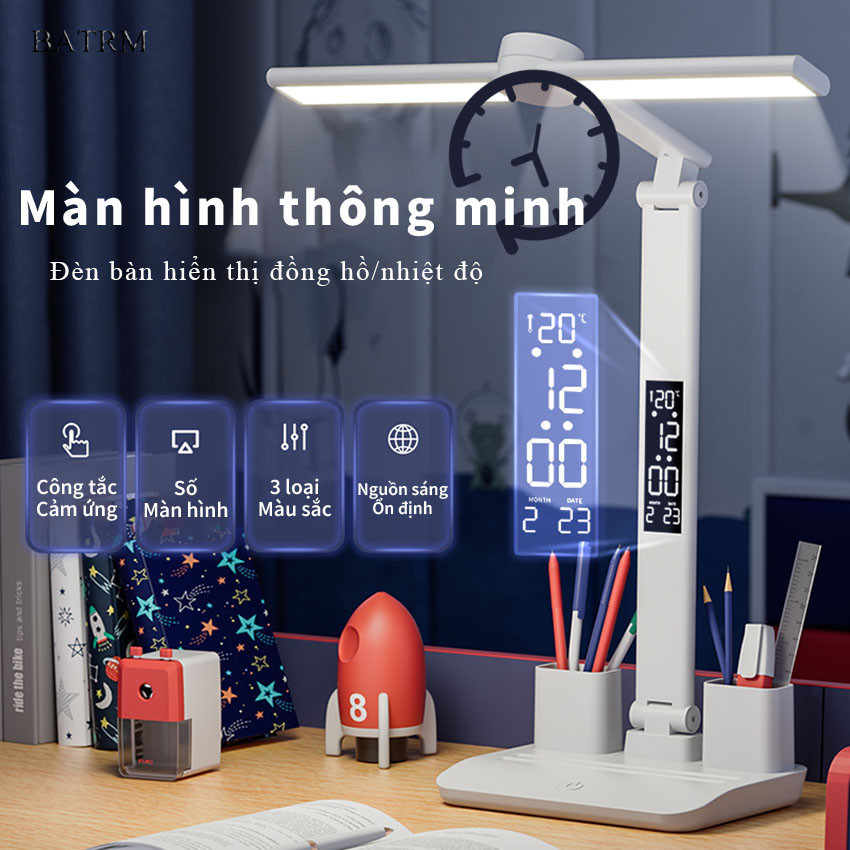 Đèn LED Để Bàn Đa Năng BATRM, Đèn Học Để Bàn Chống Cận Cao Cấp Với 3 Màu Sáng Và Đồng Hồ