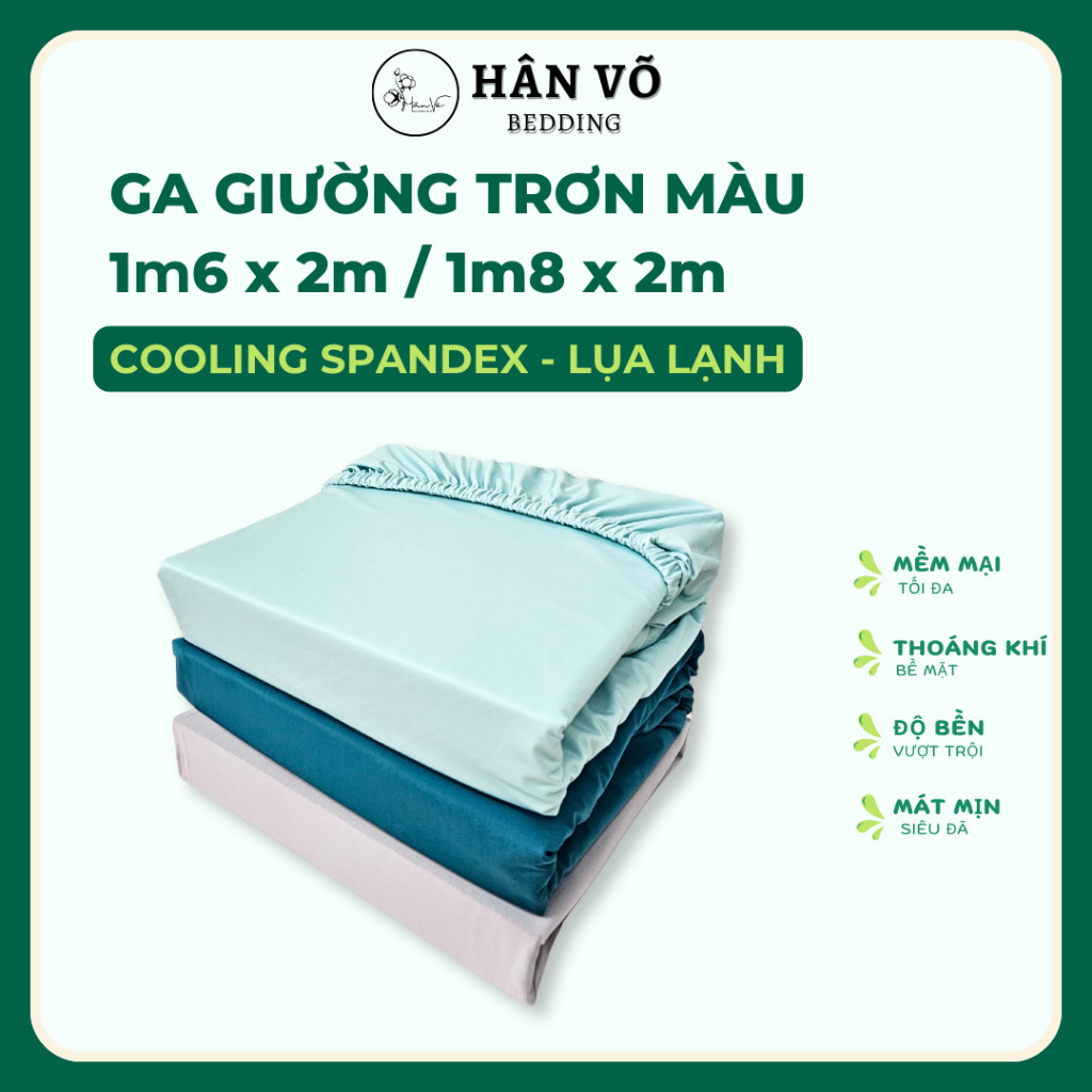 Ga 1m6x2m, ga 1m8x2m trơn màu chất liệu lụa lạnh Hân Võ Bedding mát mịn, ga bo thun. cooling Spandex