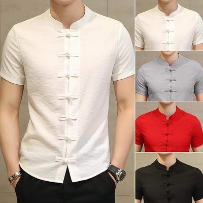 Áo Sơ Mi Nam Đường Phù Hợp Với Tay Ngắn Trung Sơn Phù Hợp Với Đa Năng Phong Cách Trung Hoa Đứng Lên Cổ Khóa Thoải Mái LY39