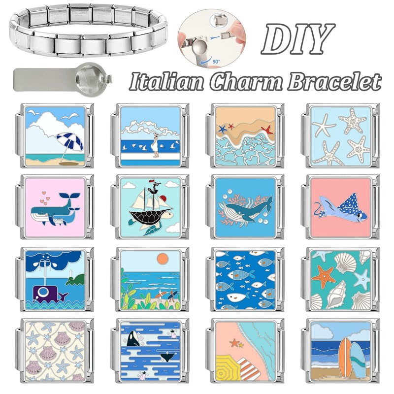 Blue Sea Ý Charm Links Fit 9mm Vòng tay thép không gỉ Đồ trang sức