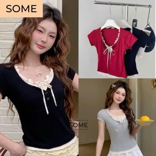 Áo thun tăm phối bèo buộc nơ, áo thun tăm nữ cộc tay phối bèo mềm mịn dễ phối đồ