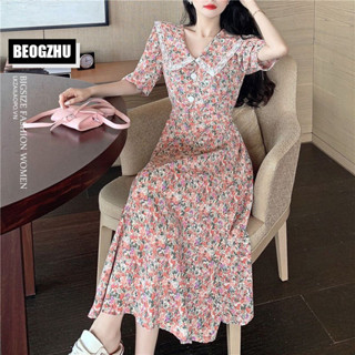 BEOGZHU Đầm Dáng Dài Bigsize Đầm Hoa Nhí Tay Ngắn Cổ Bèo Vintage Kiểu Hàn Quốc Mùa Hè Váy Phong Cách Tiểu Thư Đẹp Cho Nữ
