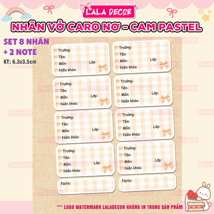 Nhãn Vở Coquette Nơ Cam Dễ Thương, Nhãn Vở Caro Cam Vàng Pastel 🎀 Nhãn Tập, Giấy Nhãn Coquette Caro 
