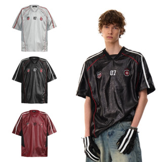 TIANLESIWEI American Retro PU Da Lưới Thoáng Khí Bóng Áo Len Mùa Hè Người Đàn Ông Và Phụ Nữ Lỏng Lẻo V Cổ T-Shirt