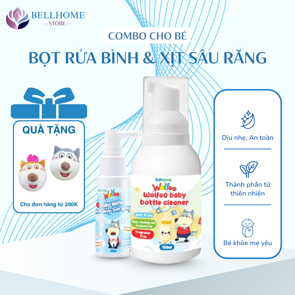 Combo Xịt sâu răng thảo dược Wolfoo - Bọt rửa bình sữa Wolfoo An toàn cho bé yêu