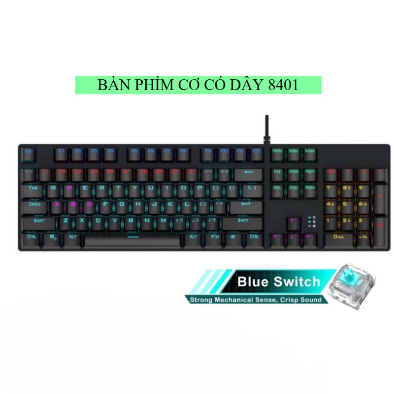 BÀN PHÍM CƠ GAMING CÓ DÂY NÚT VUÔNG K801/KU520/8401 PRO TRỤC CƠ BLUE/RED SWITCH LED RAINBOW XUYÊN CH