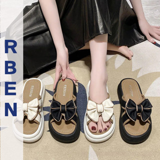 RENBEN  Dép nữ đế bệt Dép xăng đan một chữ thiết kế thắt nơ thời trang mặc ngoài
