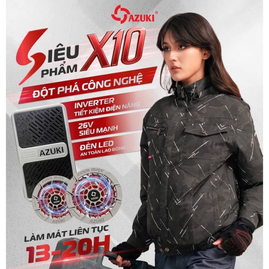 Áo Điều Hòa AZUKI EXTRA X10 New 2025, 24.000mAh, Quạt 26V Chạy 12-20H, Chống Nước, Sạc Nhanh 5H
