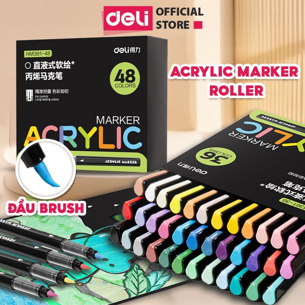  Bút Sơn Màu Acrylic Maker Deli - Dạng Roller Đầu Brush 12 24 36 48 Màu Sắc Tươi Sáng Vẽ Đa Dạng Trên Mọi Chất Liệu 