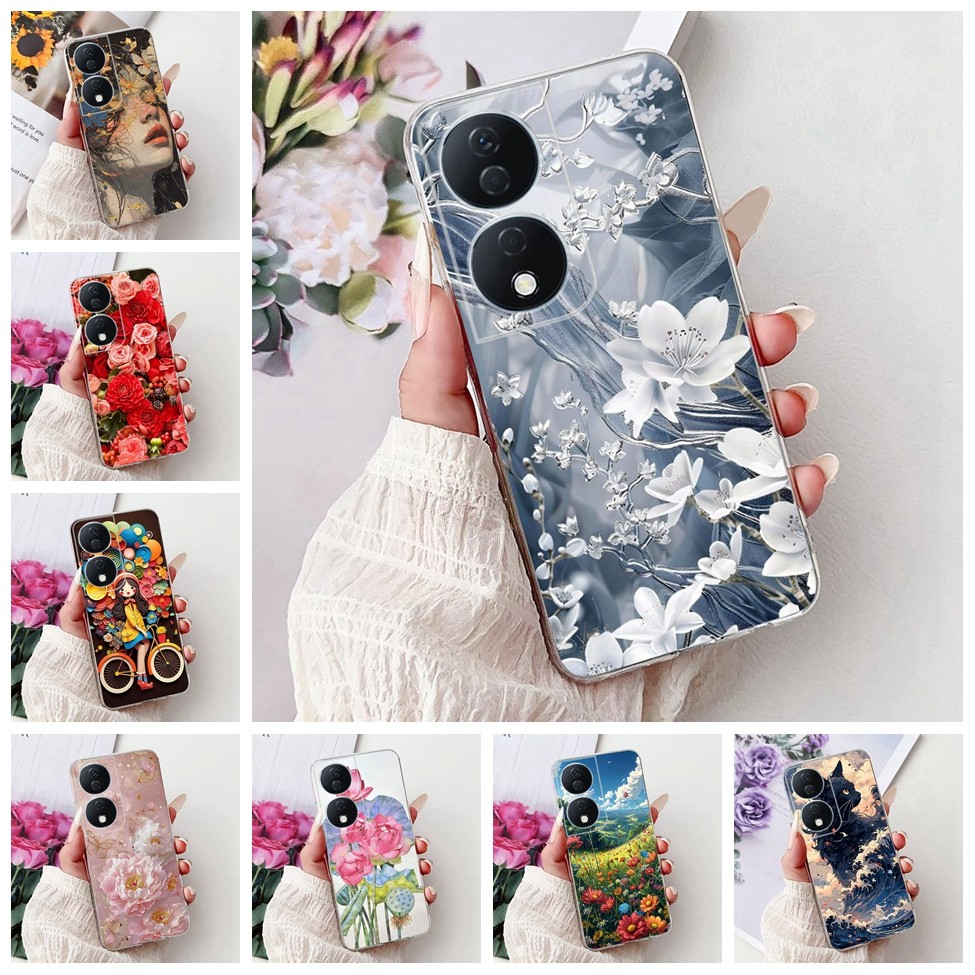 Trong Suốt Cho Honor X7b Ốp Lưng CLK-LX2 Thẩm Mỹ Mèo Dễ Thương Thời Trang Hoa Sơn Mặt Sau Cho Honor 