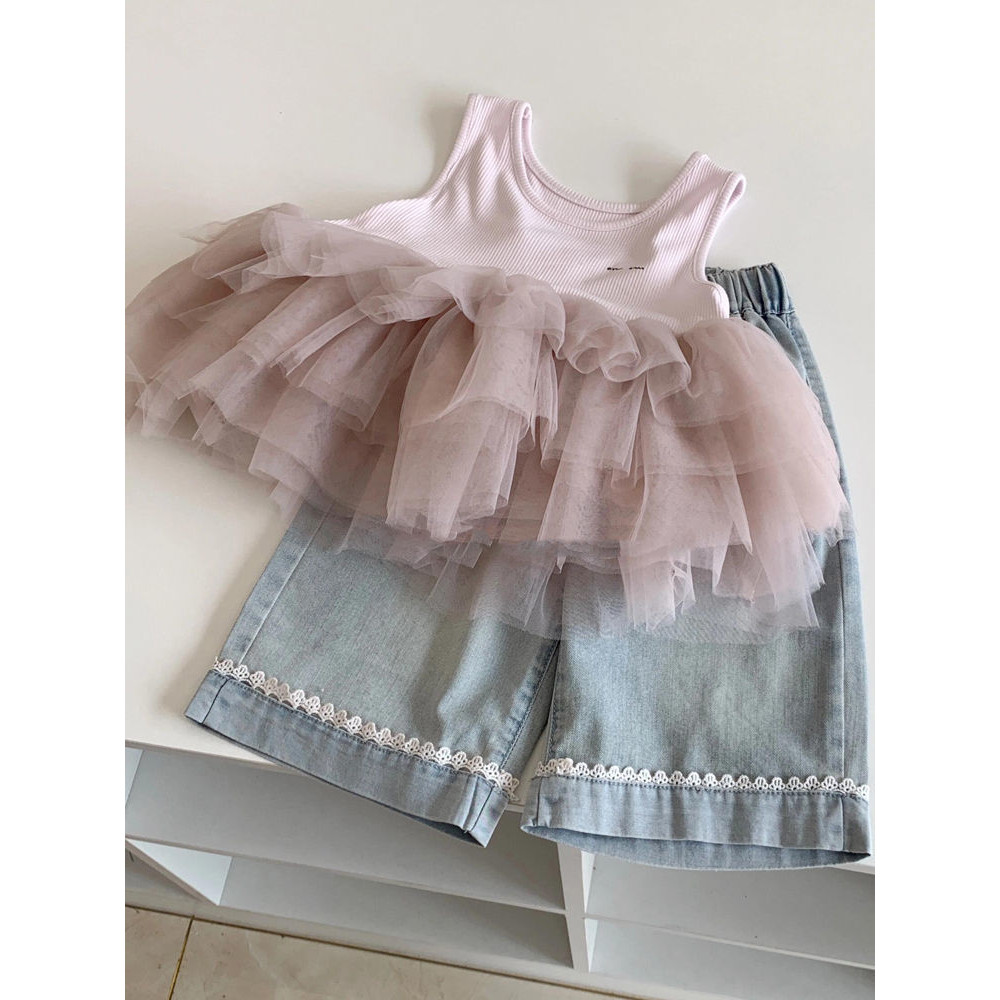 Bé Gái Mùa Hè Phù Hợp Với 25 Phong Cách Mới Bé Gái Hàn Quốc Dễ Thương Phong Cách Công Chúa Gạc Khâu Áo Trẻ Em Ren Quần Jean