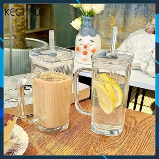 Cốc cà phê KECTTIO, có nắp và cốc thủy tinh trong suốt hình vuông ống hút, ly nước ép trái cây chịu nhiệt Ins Home Bar