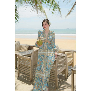  Váy Đầm Maxi Tay Dài Hoạ Tiết Thổ Cẩm Váy Khoét Eo Dáng Dài Đi Biển Cách Điệu Zinna Store 
