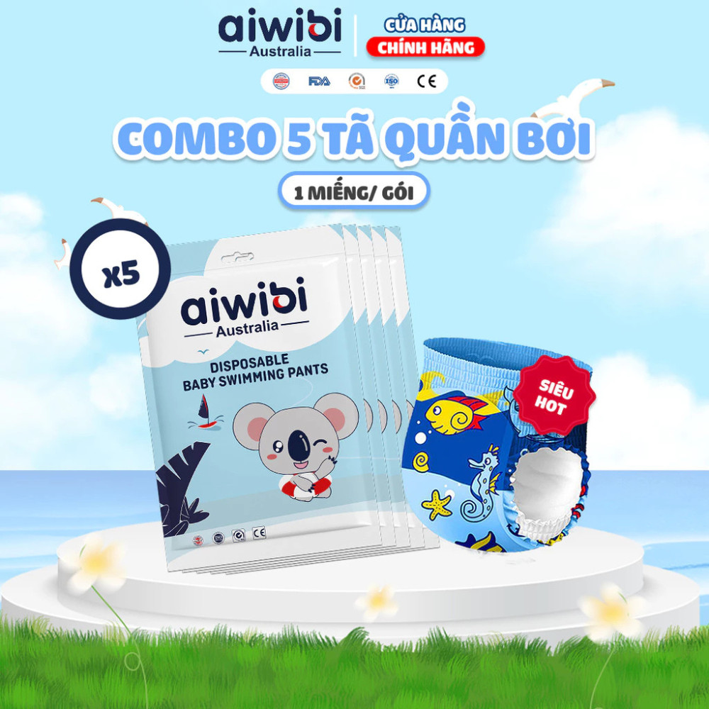 [Combo 5] Tã/Bỉm bơi cao cấp AIWIBI 1 miếng/gói