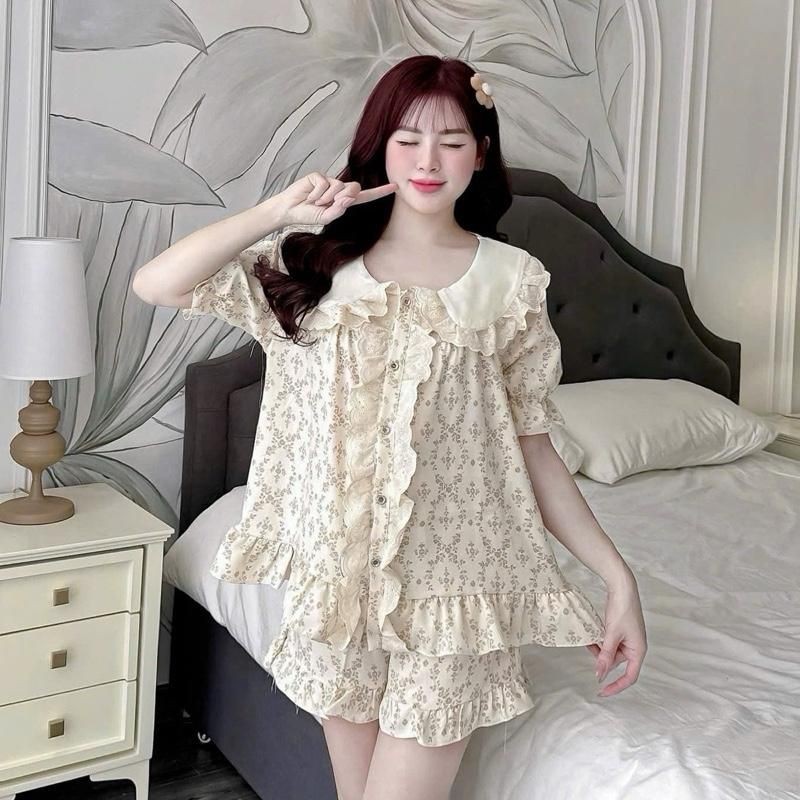 Bộ mặc Nhà Cổ Sen trắng phối ren Đùi hoạ tiết hoa dây chất Vân mây xinh xắn cho Nữ CC80 Sammy | BigBuy360 - bigbuy360.vn
