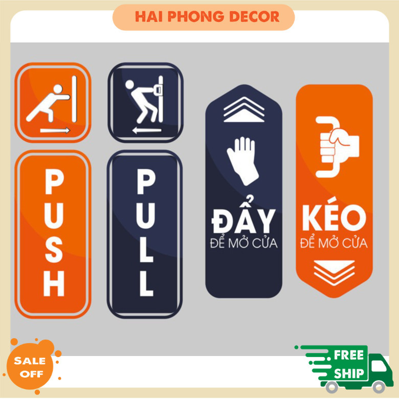 Decal Kéo Vào Đẩy Ra - Pull Push chống nước dán trang trí tường, cửa kính, quán trà sữa, cà phê, quá