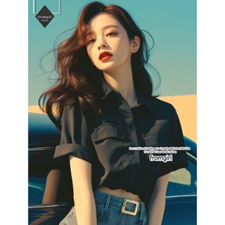 Áo sơ mi ngắn tay cổ chữ V màu đen cổ điển thiết kế dành cho nữ mùa hè sang trọng crop top