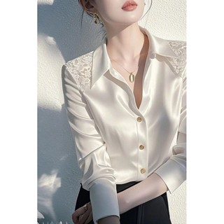 Áo sơ mi trắng acetate phong cách Pháp Jiashucheng cho phụ nữ mùa xuân hè mới chuyên nghiệp tay dài áo blouse đơn giản 