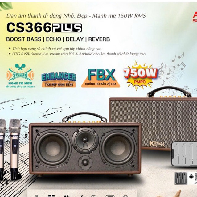 Loa Xách Tay Acnos CS366 Plus (2 Bass 7.6cm, 150W, Bluetooth 5.0) - Hàng Chính Hãng - Gia Khang