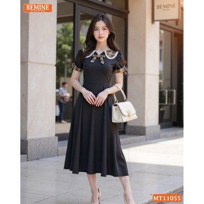 Đầm thiết kế BEMINE cổ sen phối caro viền ren dáng chữ A phù hợp đi làm-MT11055
