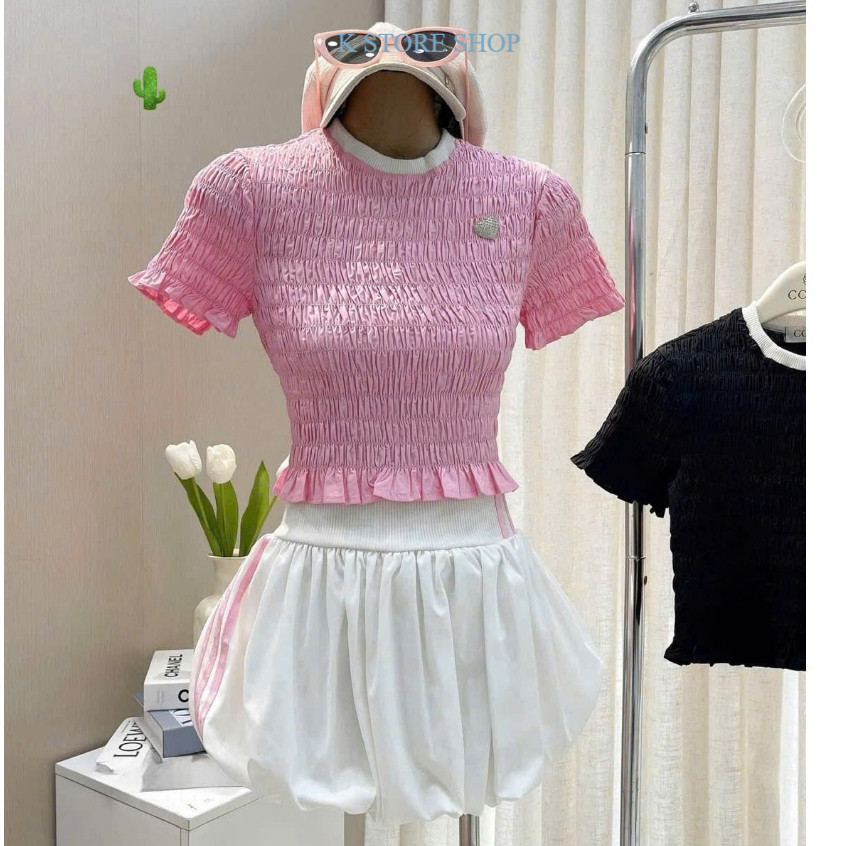 Set Áo Len Tăm Hồng Croptop + Chân Váy Trắng Xòe Dáng Ngắn | Đồ Nữ Cute Phong Cách Hàn Quốc BY KSTOR