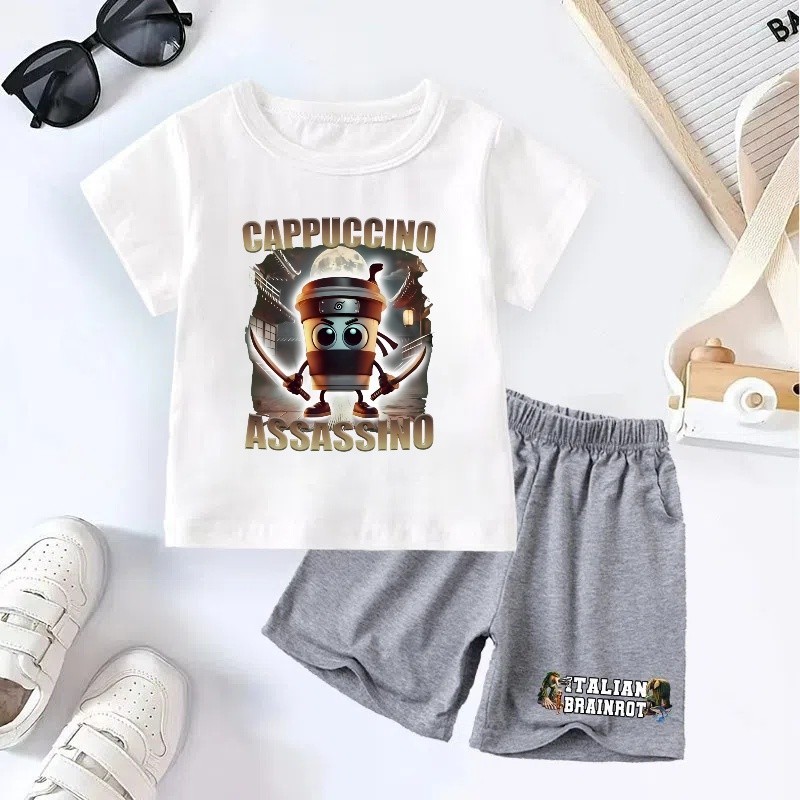 Bộ áo thun trẻ em Brainrot Ý + quần short Tungtung Saur Brainrot Đồ thể thao bé trai và bé gái thoải