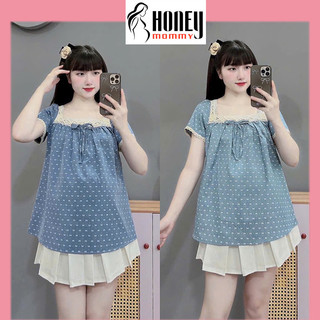 Áo Bầu Mùa Hè Tay Cộc Vải Bò Lụa Cổ Vuông Viền Ren Họa Tiết Nơ Dễ Thương Trẻ Trung Đi Chơi Đi Du Lịch HS3646 Honey Mommy