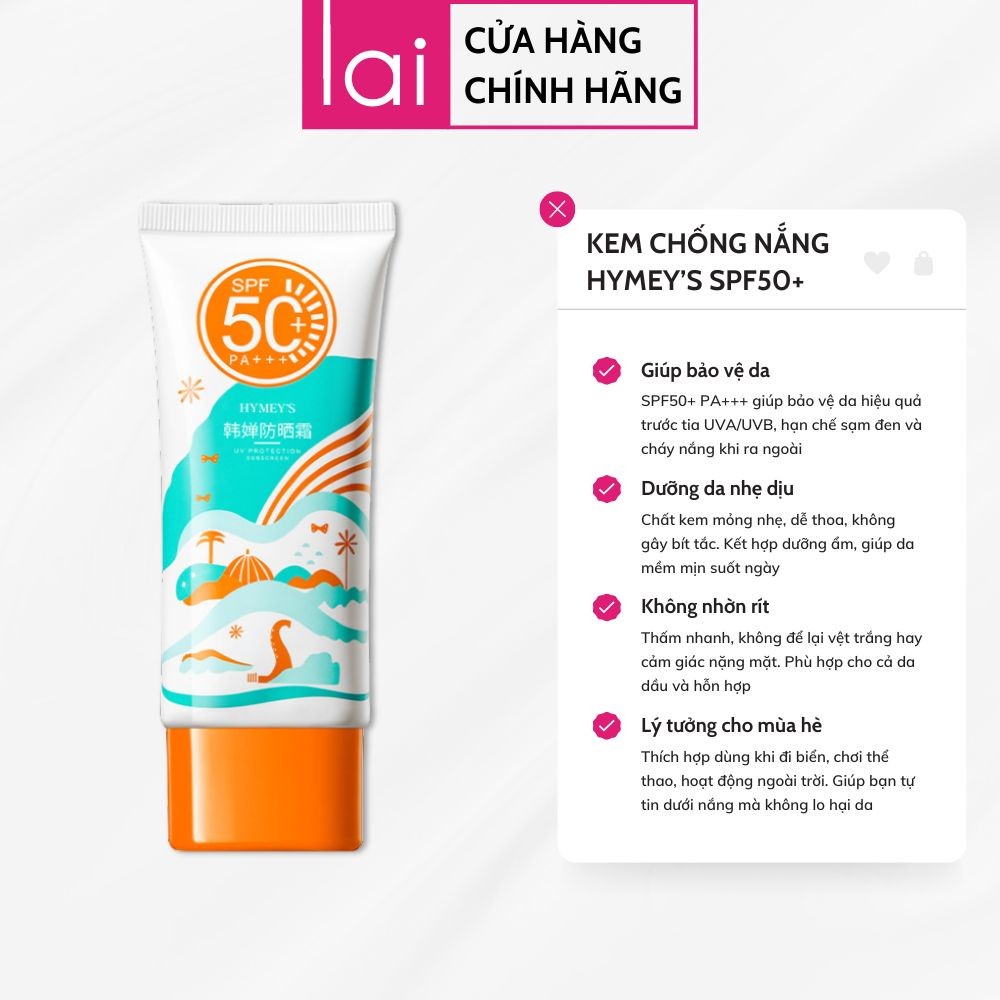 Kem Chống Nắng HYMEY’S SPF50+ 50g Không Gây Nhờn Dính, Dưỡng Da, Bảo Vệ Tia UV Mùa Hè