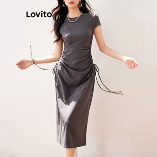 Đầm Lovito có dây rút màu trơn phong cách thường ngày cho nữ LNE62058