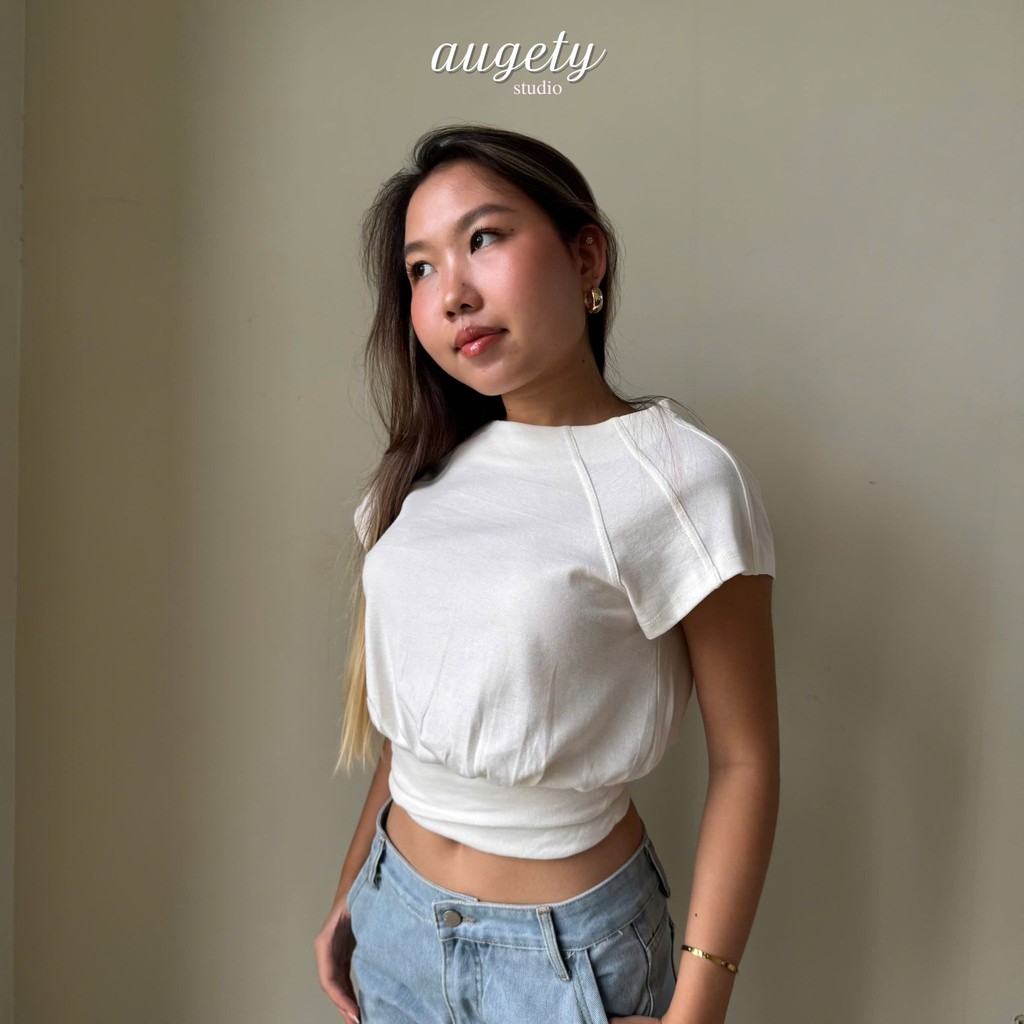 Áo Thun Nữ Tay Ngắn Dáng Phồng Nhún Eo Cổ Tròn Augety Studio AMI Top | BigBuy360 - bigbuy360.vn