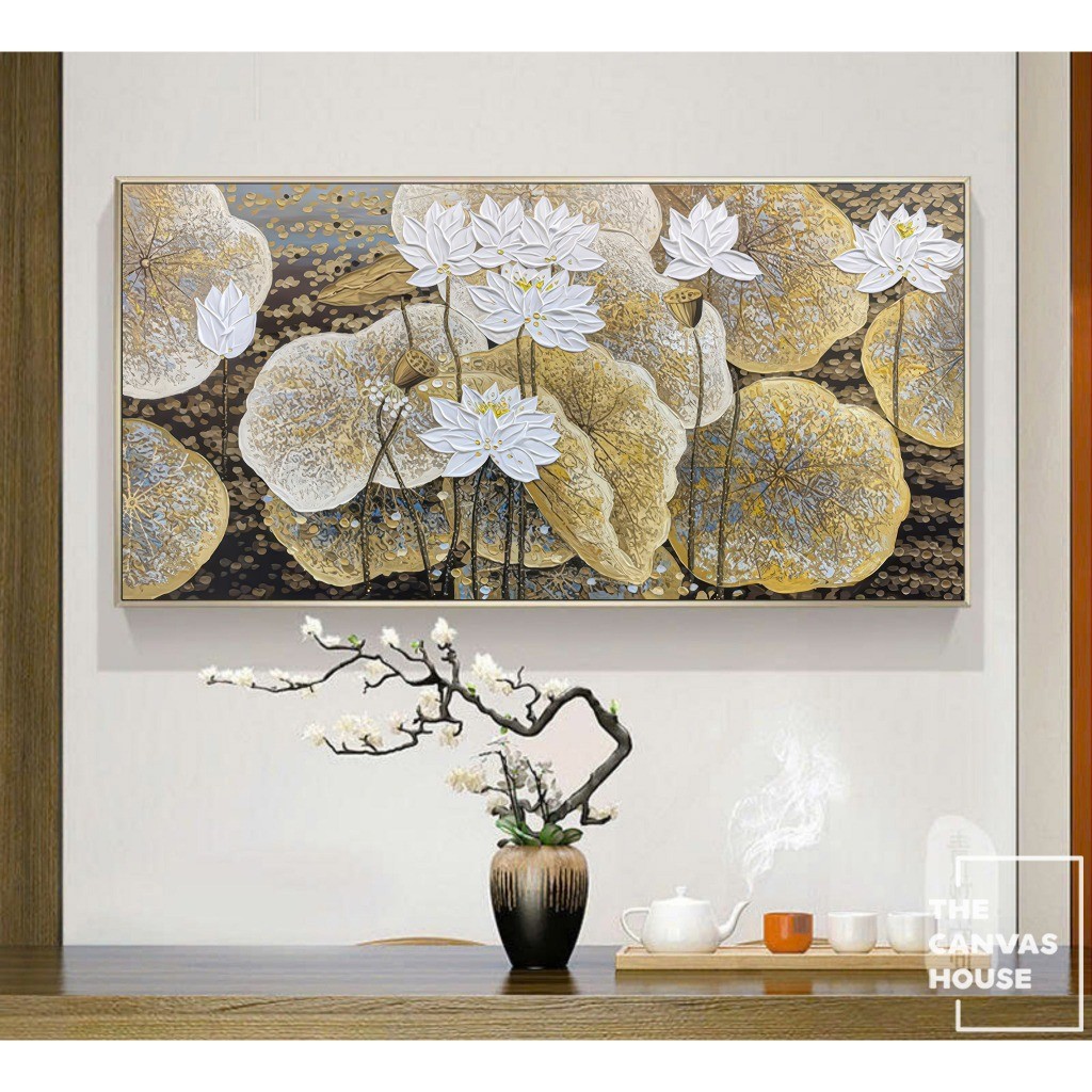 (Tranh To) Tranh in Canvas, Tráng Gương Hoa Sen Trắng Phong Cách Indochine (Đã có khung, móc, đinh t