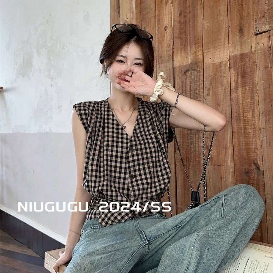 Áo Sơ Mi Không Tay Kẻ Caro Thanh Lịch Mùa Hè Thiết Kế Dáng Ngắn Rộng Rãi Phong Cách | BigBuy360 - bigbuy360.vn