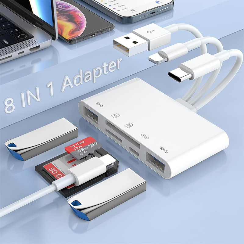 Đầu đọc thẻ SD 8 trong 1 USB HUB cho IPhone IPad MacBook Lightning / USB / Type C sang SD Thẻ TF Đầu