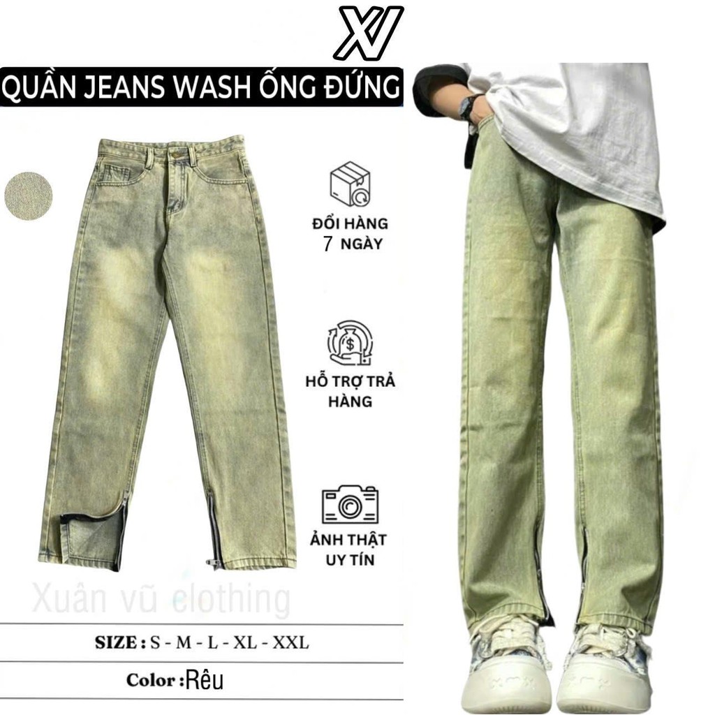 quần suông ống jean rộng khóa chân màu rêu Pants Menswear Ong Có Túi regular  fit jeans