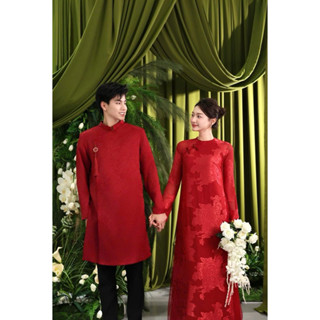 Áo dài Nam Nữ (Dâu Rể) chất liệu gấm hoa hồng phục vụ ăn hỏi, lễ Tết , sự kiện Cưới.