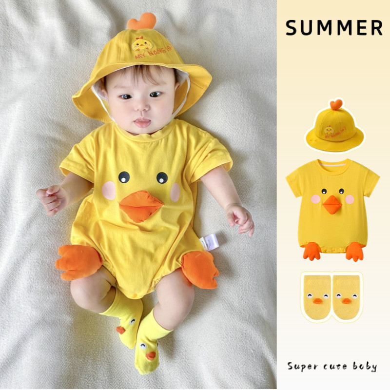 Mùa Hè Mới Quần Áo Cho Bé Bộ Body Ngắn Tay Có Mũ Tất 0-24 Tháng Thoáng Khí Và Thoải Mái Áo Liền Quần Gà Con Siêu Dễ Thương Phong Cách Hàn Quốc